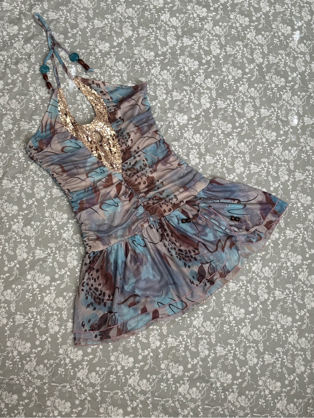 Sequin Halter Mini Dress in Blue-Brown Print